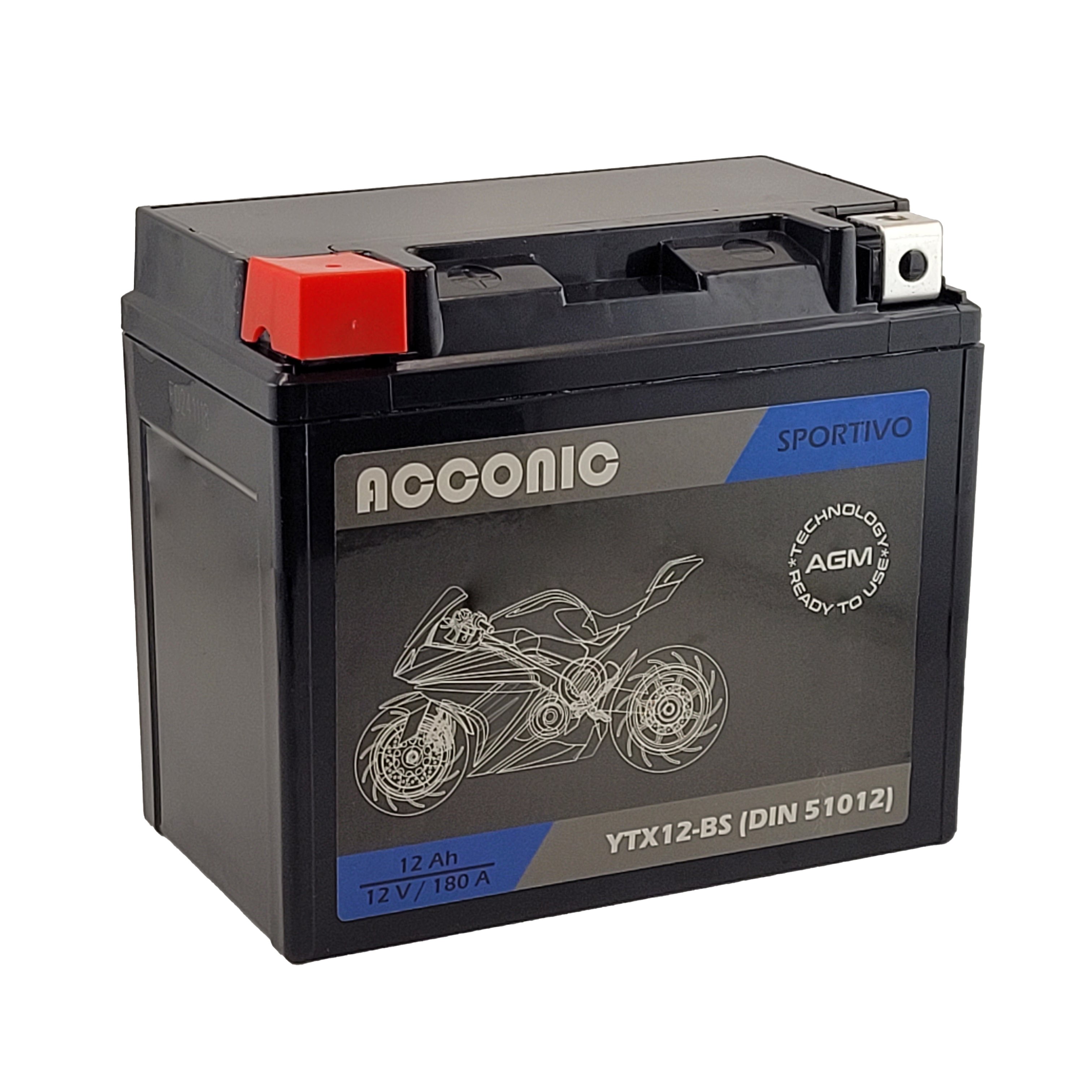 ACCONIC Sportivo AGM YTX12-BS Motorradbatterie 12Ah 12V (DIN 51012)