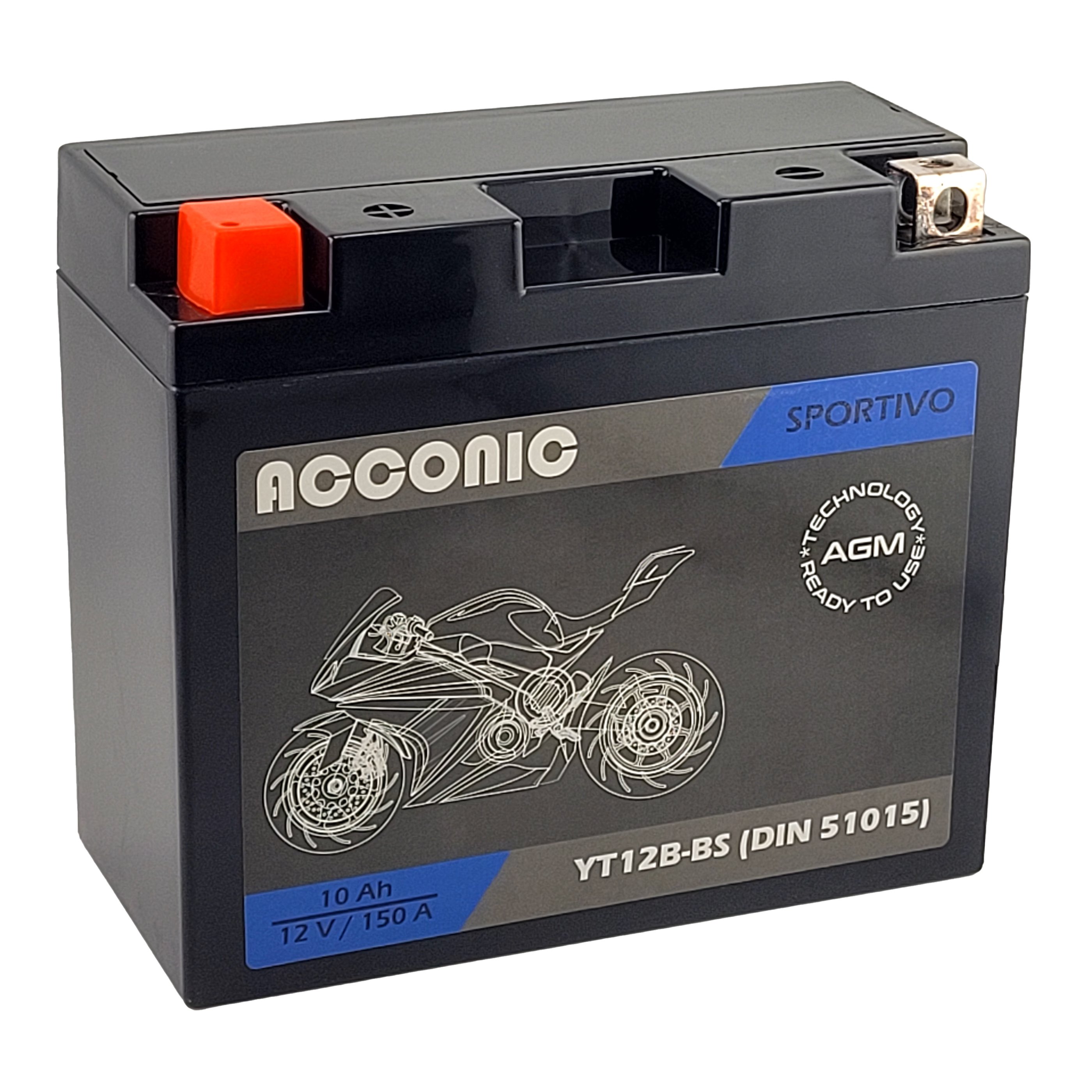 ACCONIC Sportivo AGM YT12B-BS Motorradbatterie 10Ah 12V (DIN 51015)