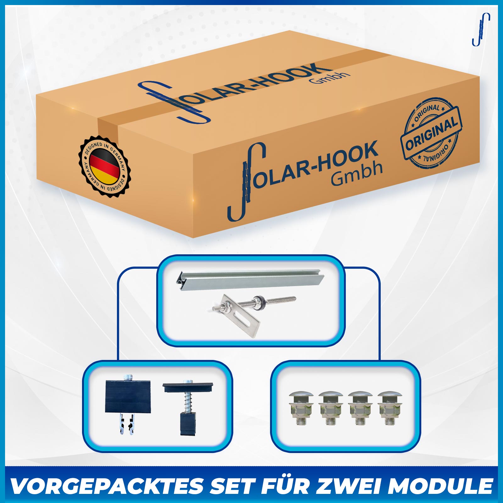 Solar Hook Montagepaket Stahldach Wellendach, Bitumen und Fassade mit Stockschrauben - für 2 Module Solar Hook Montagepaket Stahldach Wellendach, Bitumen und Fassade mit Stockschrauben - für 2 Module