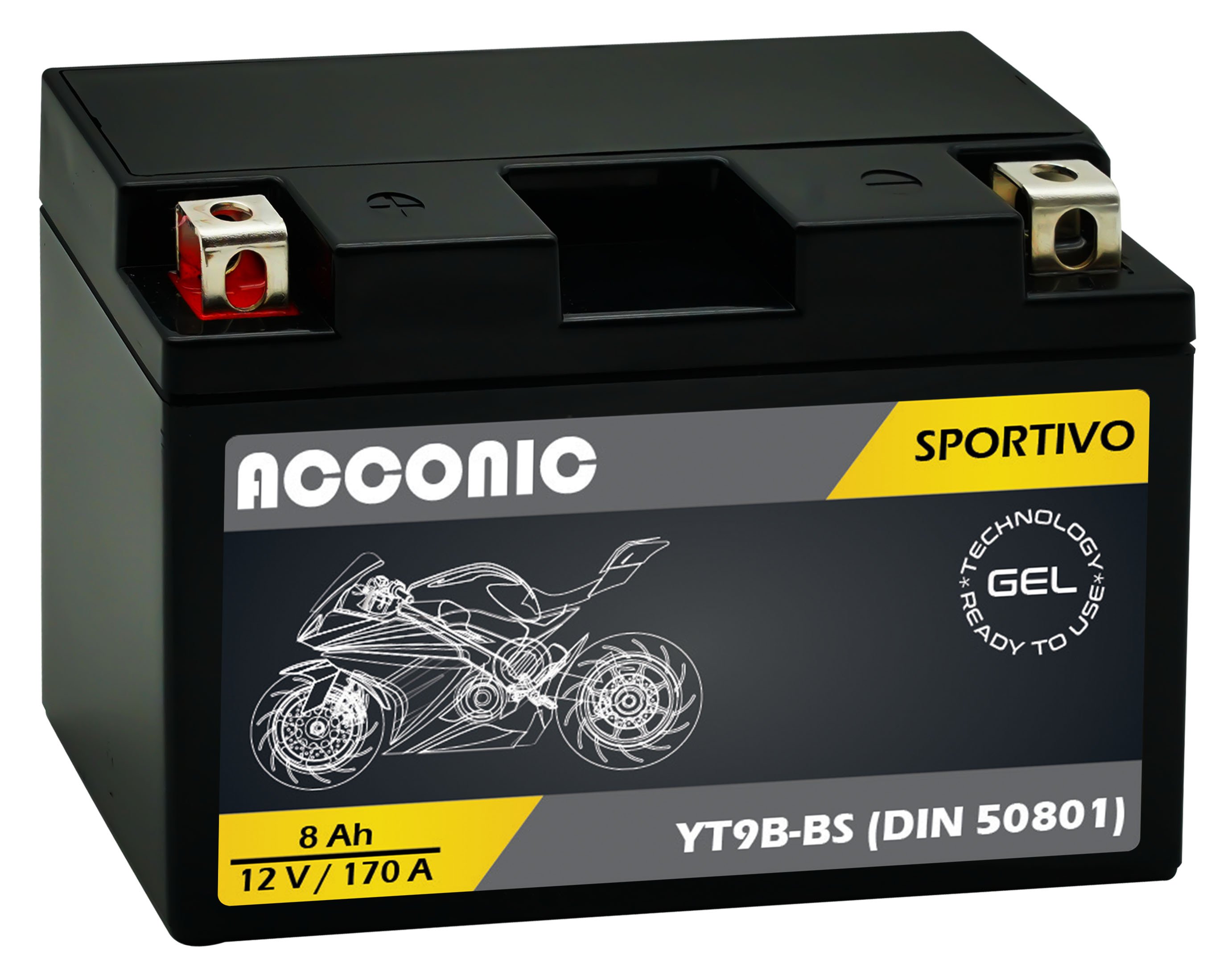 ACCONIC Sportivo GEL YT9B-BS Motorradbatterie 8 Ah 12V (DIN 50810) ACCONIC Sportivo GEL YT9B-BS Motorradbatterie 8 Ah 12V (DIN 50810)
