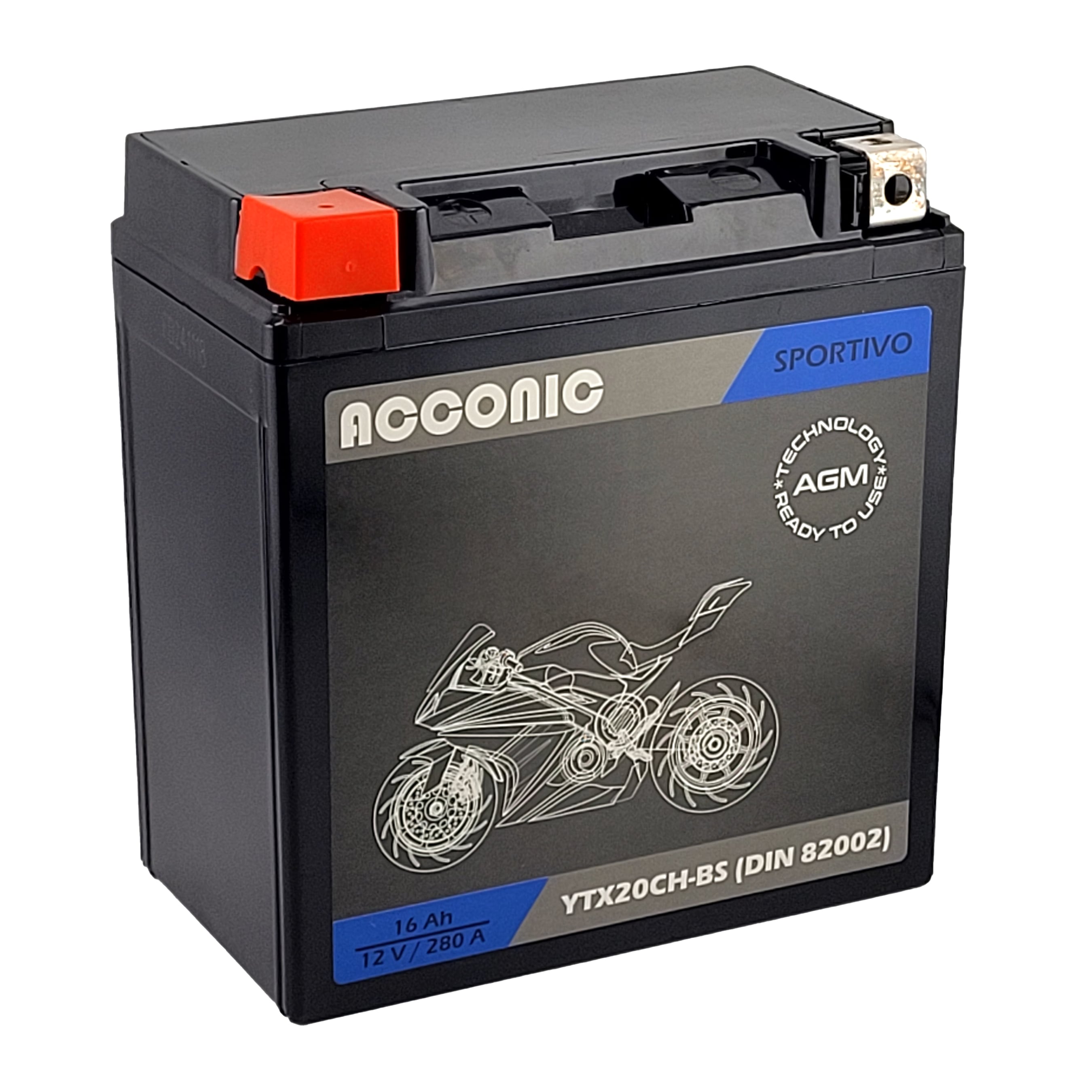 ACCONIC Sportivo AGM YTX20CH-BS Motorradbatterie 16Ah 12V (DIN 82002)