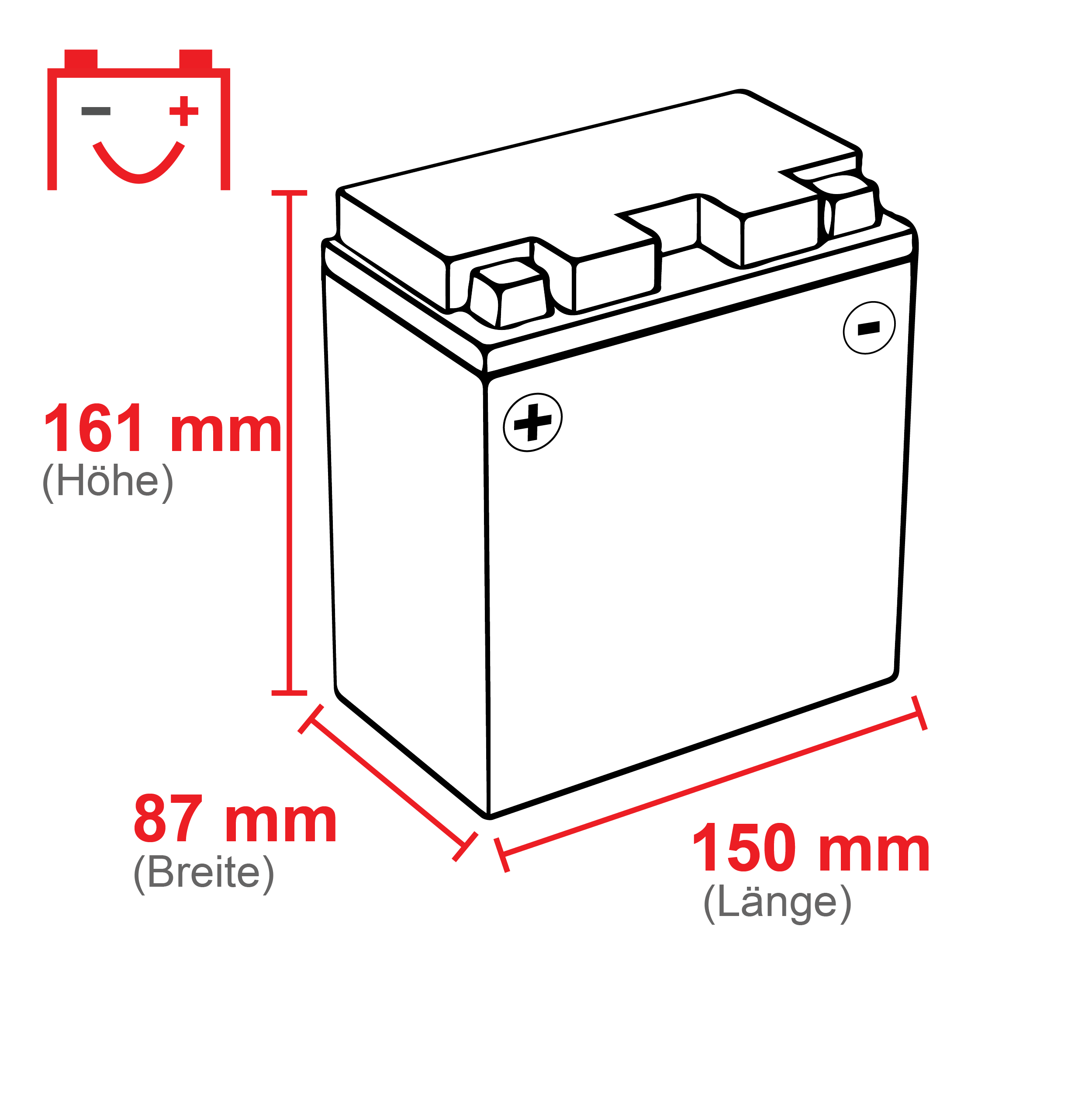 ytx16-bs-150x87x161-01 VOLTIC Sportivo GEL YTX16-BS Motorradbatterie 14Ah 12V (DIN 81600)