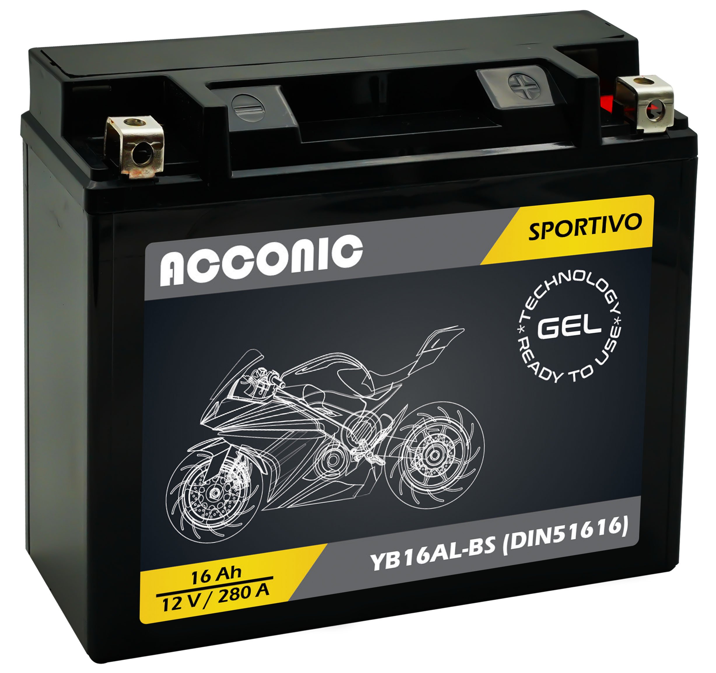 ACCONIC Sportivo GEL YB16AL-BS Motorradbatterie 16 Ah 12V DIN 51616 ACCONIC Sportivo GEL YB16AL-BS Motorradbatterie 16 Ah 12V DIN 51616