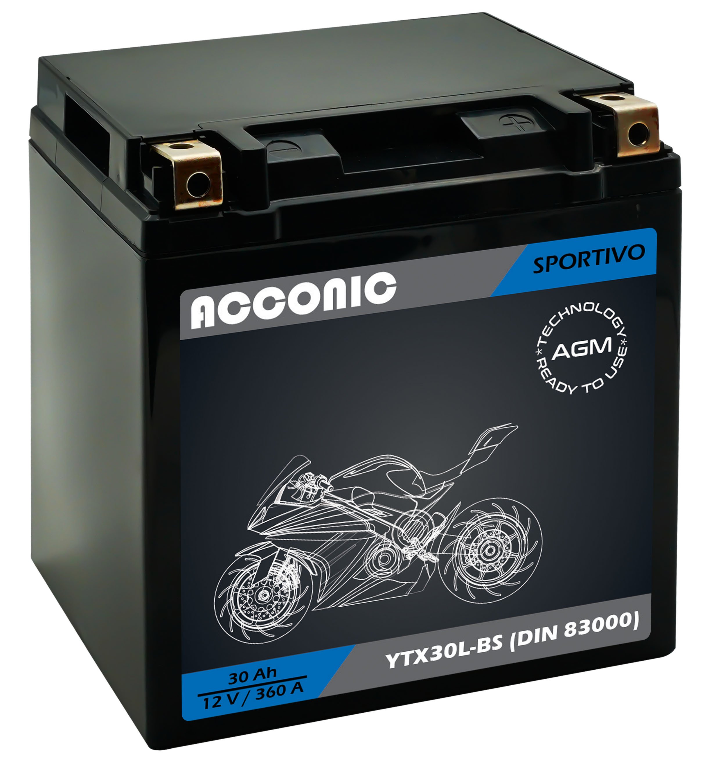 ACCONIC Sportivo AGM YTX30L-BS Motorradbatterie 30 Ah 12V (DIN 83000) ACCONIC Sportivo AGM YTX30L-BS Motorradbatterie 30 Ah 12V (DIN 83000)