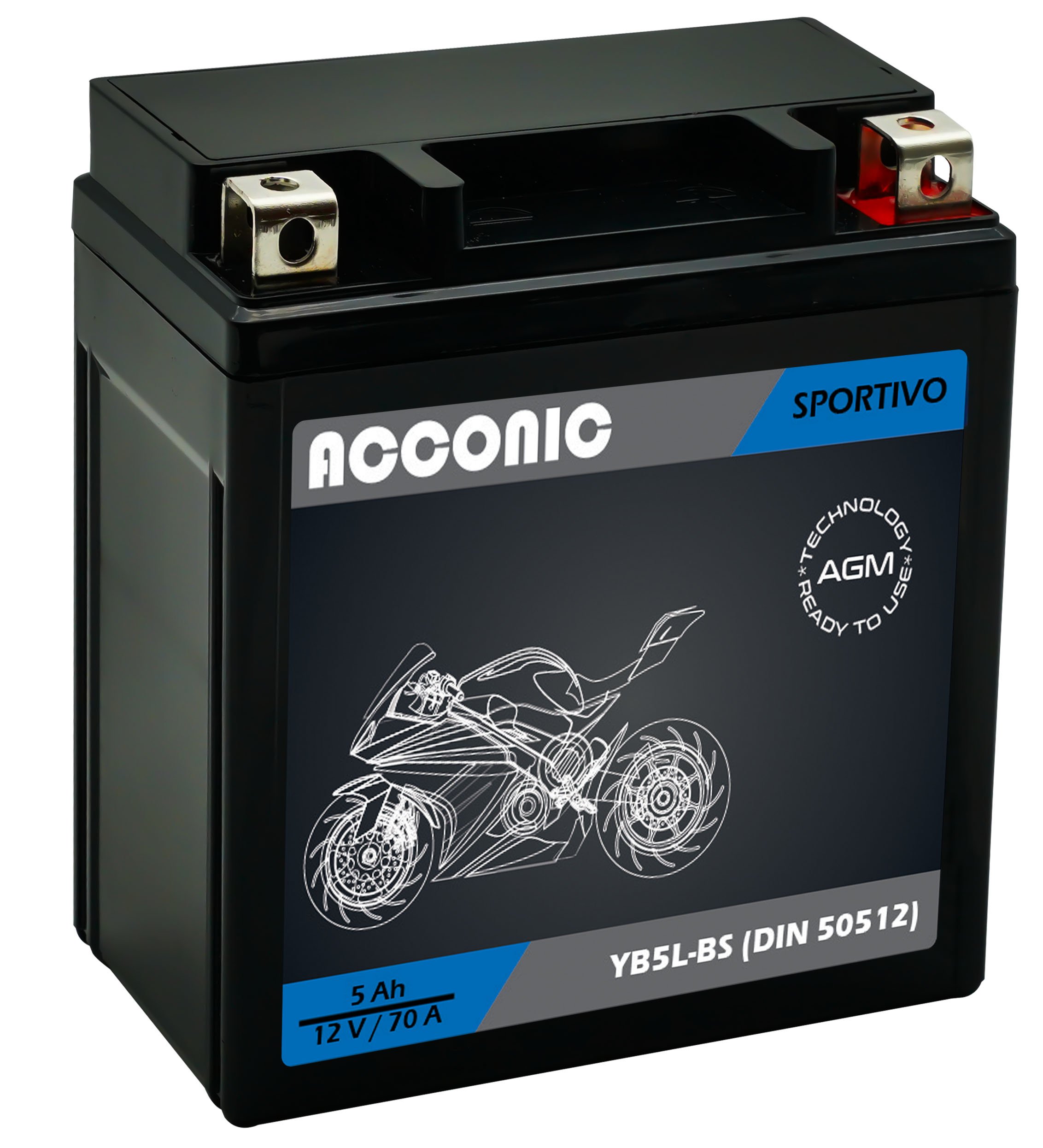 ACCONIC Sportivo AGM YB5L-BS Motorradbatterie 5 Ah 12V (DIN 50512) ACCONIC Sportivo AGM YB5L-BS Motorradbatterie 5 Ah 12V (DIN 50512)